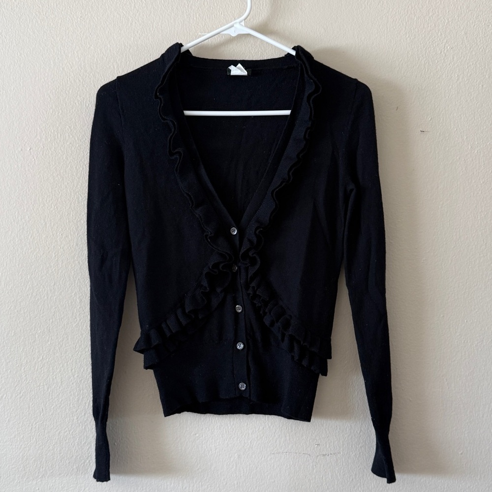 J. Crew Black 100% Merino Wool Ruffle Trim V Neck Sweater Cardigan size XS